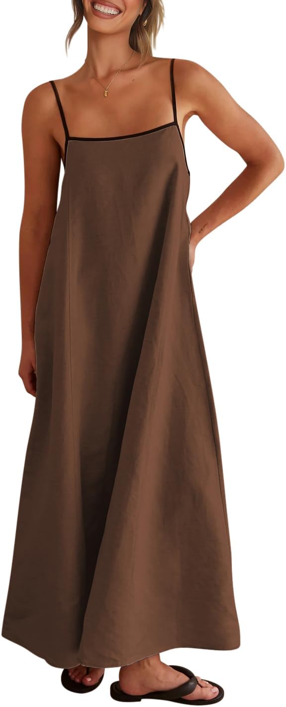 Linen-look maxi dress with spaghetti straps, side pockets, and boho styling