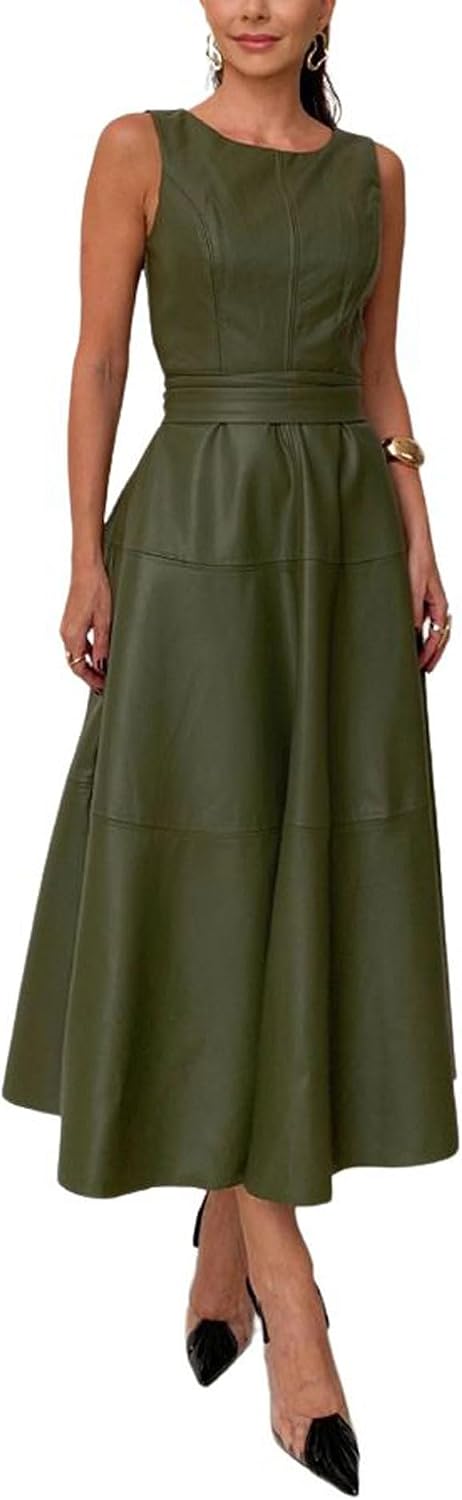 Faux leather sleeveless maxi dress with matching waist belt