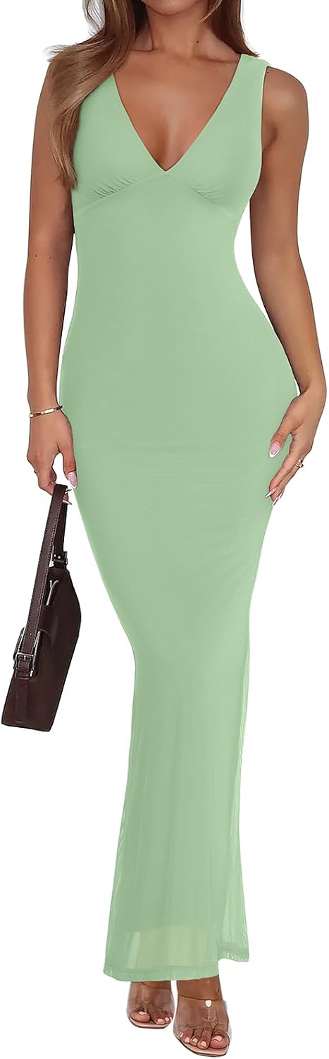 Sleeveless V-neck maxi dress with sheer mesh overlay and fitted silhouette