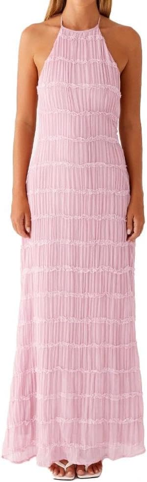 ABYOVRT Women Backless Dress Sleeveless Textured Halter Open Back Maxi Dresses Vacation Wedding Guest