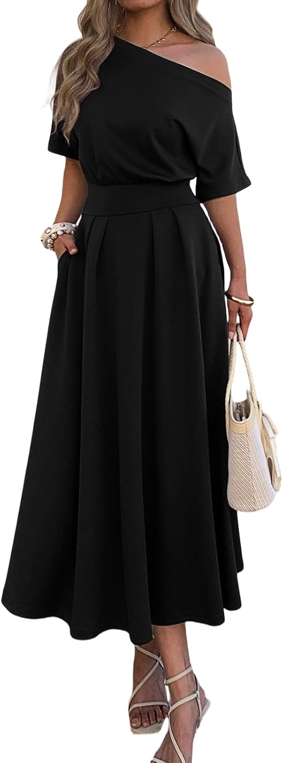Front view of one-shoulder maxi dress