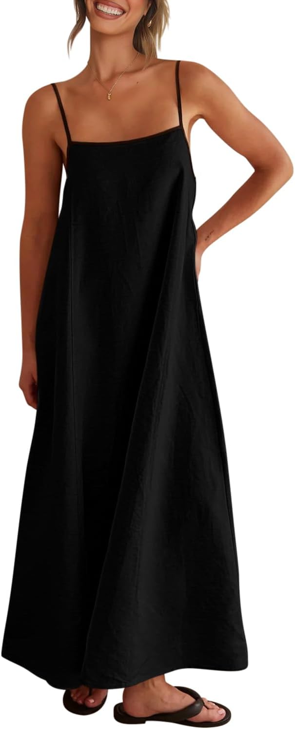 Linen-look maxi dress with spaghetti straps, side pockets, and boho styling