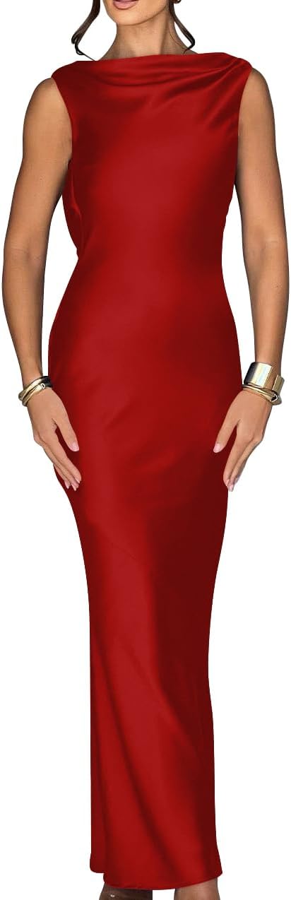 Elegant sleeveless maxi dress with tie high neckline