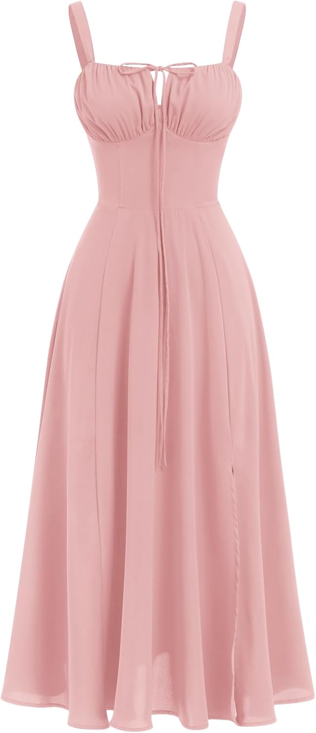 ABEHIK Women Floral Corset Dress Summer Dress 2026 Boho Flowy Slit Lace Up Midi Dresses Going Out A Line Casual Sundress