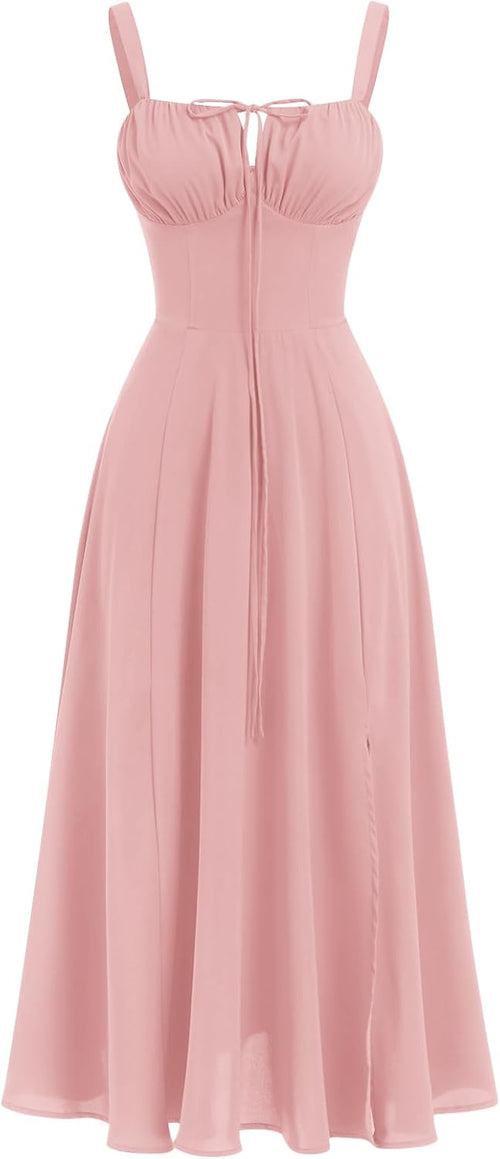 ABEHIK Women Floral Corset Dress Summer Dress 2026 Boho Flowy Slit Lace Up Midi Dresses Going Out A Line Casual Sundress