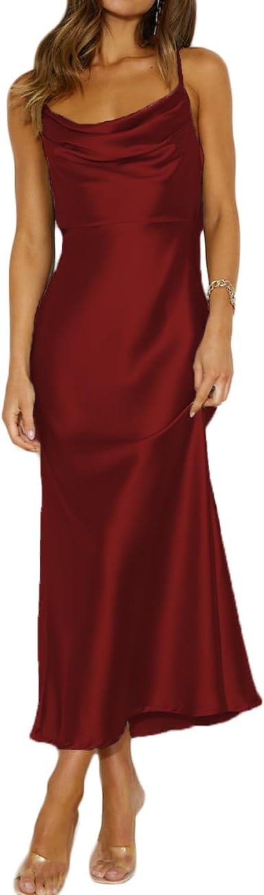 Satin cowl neck midi dress with spaghetti straps and open backless back