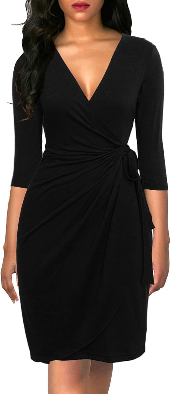 Faux wrap midi dress with V-neck, 3/4 sleeves, and ruched sheath silhouette