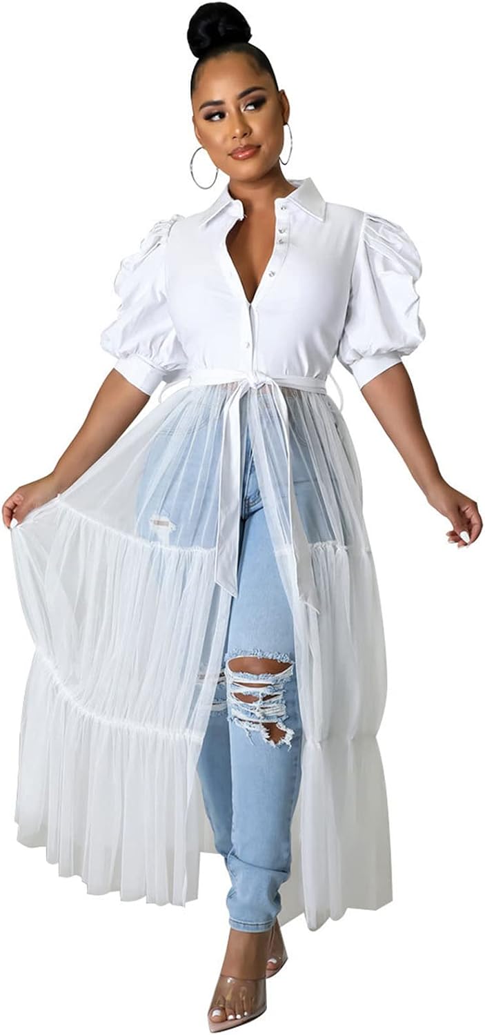 Ruffle tunic dress with belt and asymmetrical hem