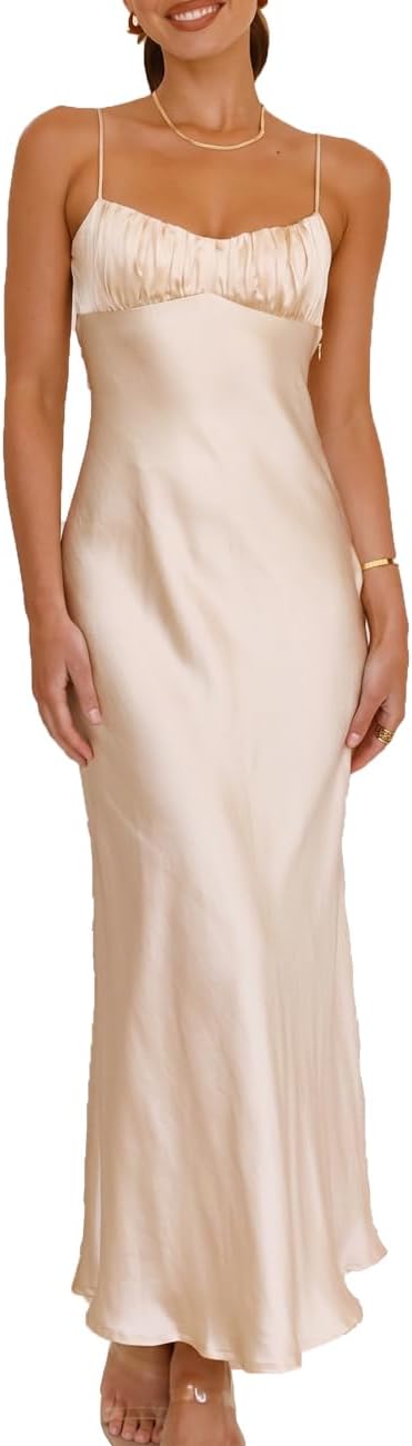Model posing in satin evening dress