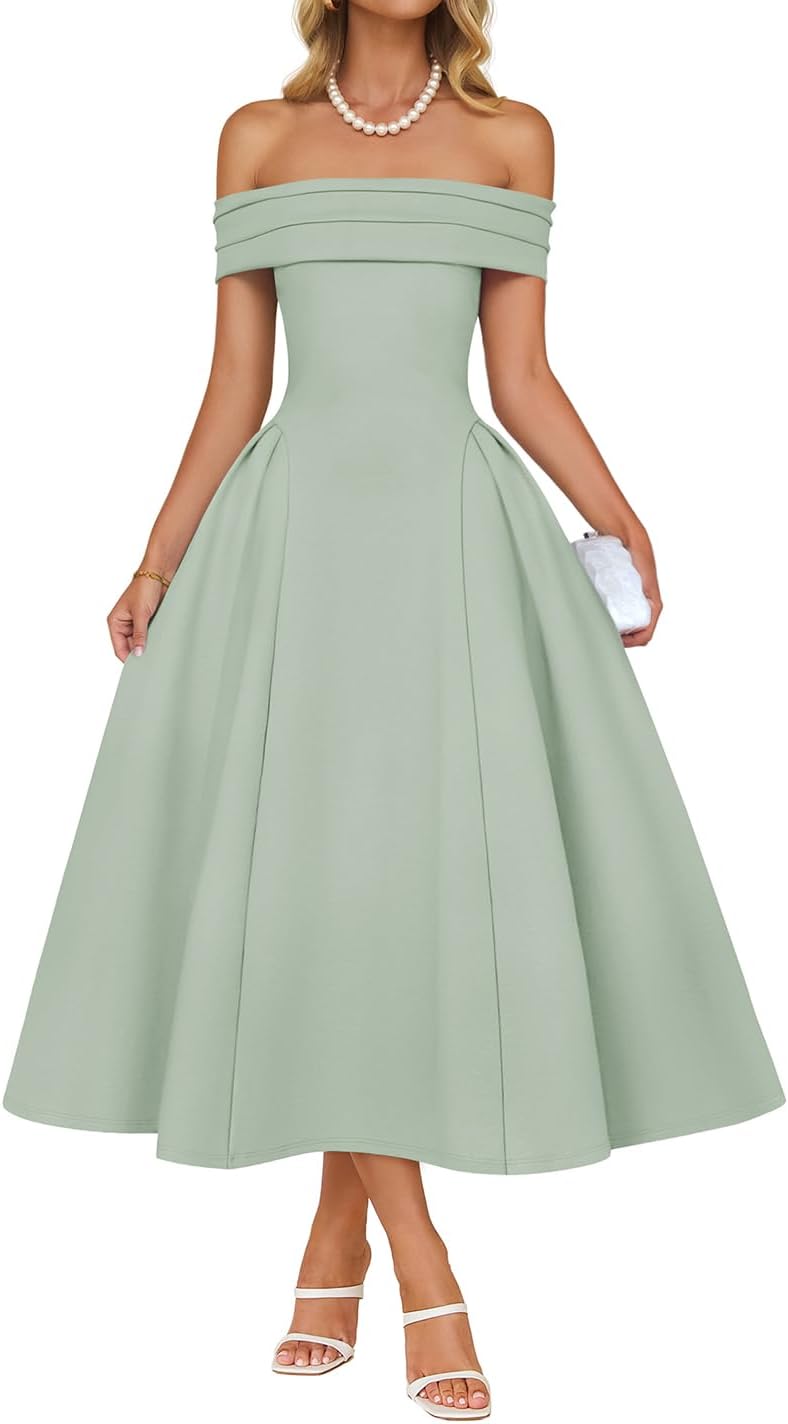Off-shoulder cocktail dress with flowy A-line skirt and high waist