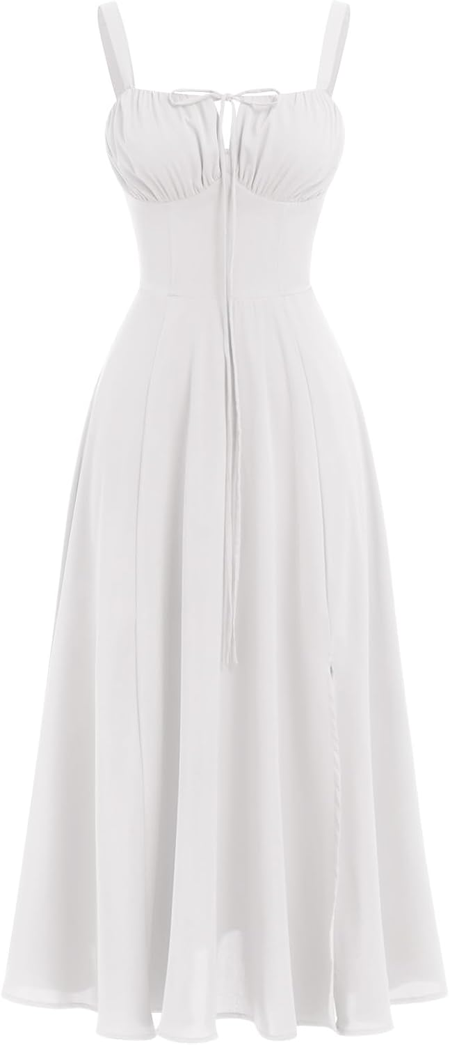 ABEHIK Women Floral Corset Dress Summer Dress 2026 Boho Flowy Slit Lace Up Midi Dresses Going Out A Line Casual Sundress