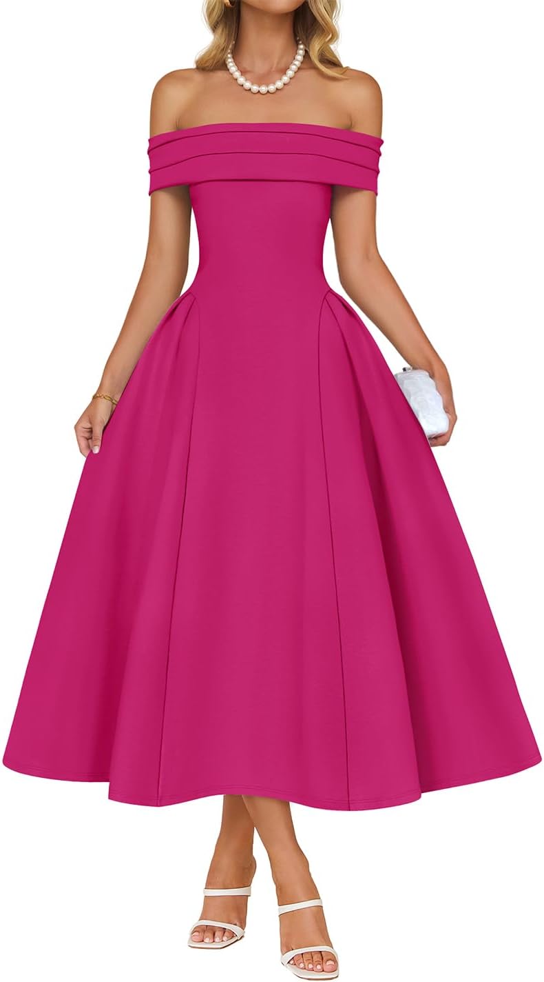 Off-shoulder cocktail dress with flowy A-line skirt and high waist