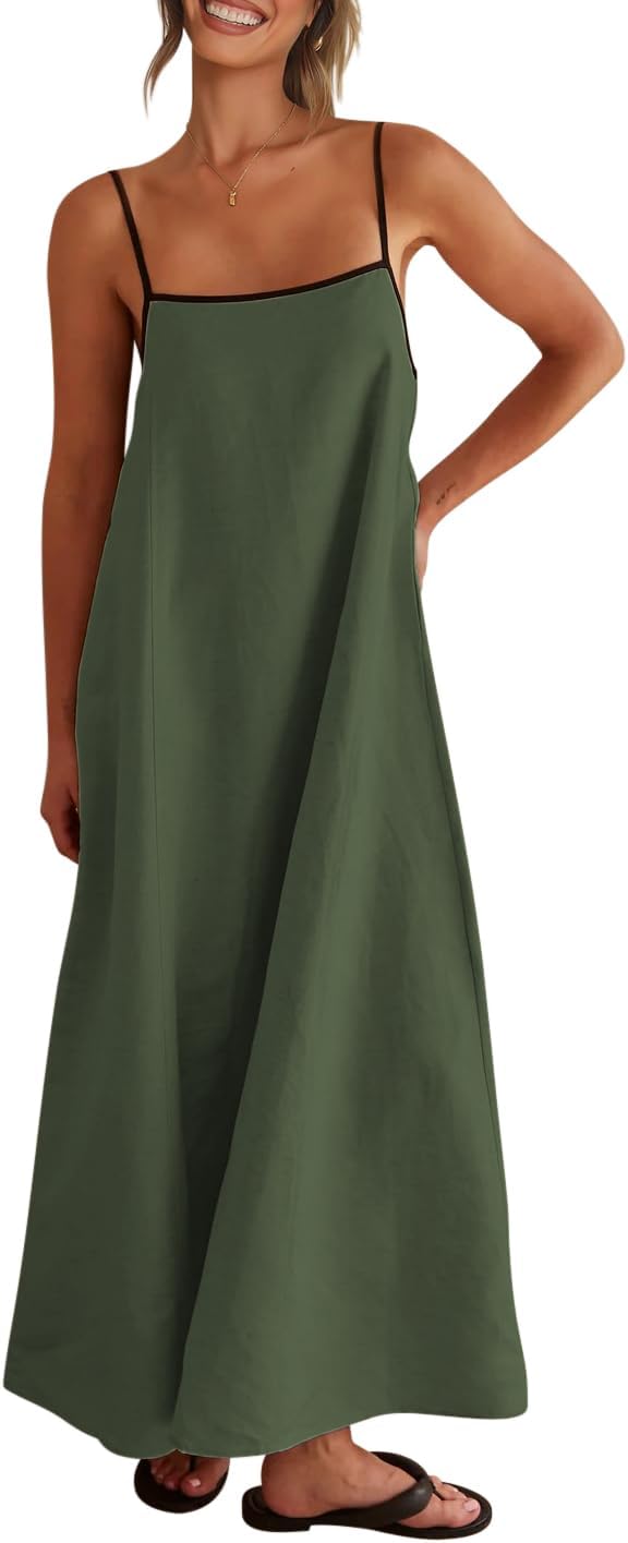 Linen-look maxi dress with spaghetti straps, side pockets, and boho styling