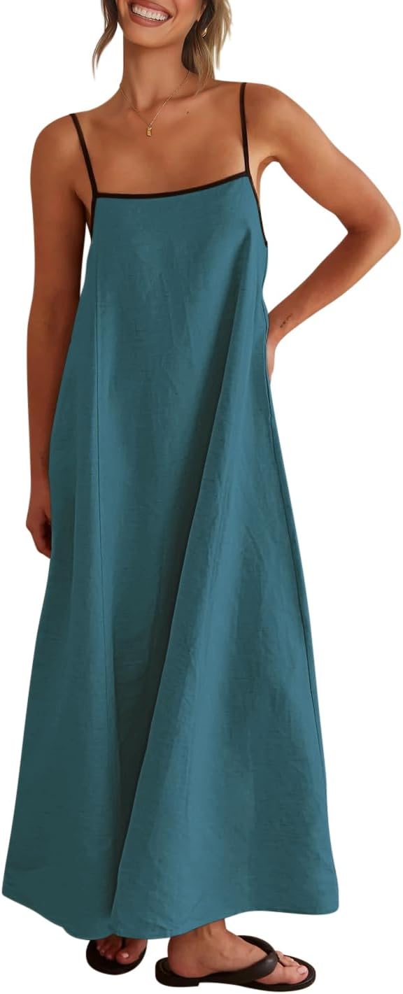 Linen-look maxi dress with spaghetti straps, side pockets, and boho styling
