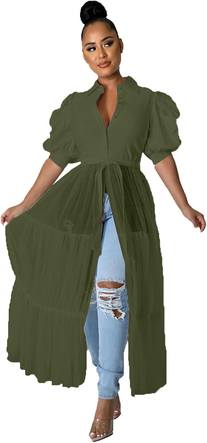 Ruffle tunic dress with belt and asymmetrical hem