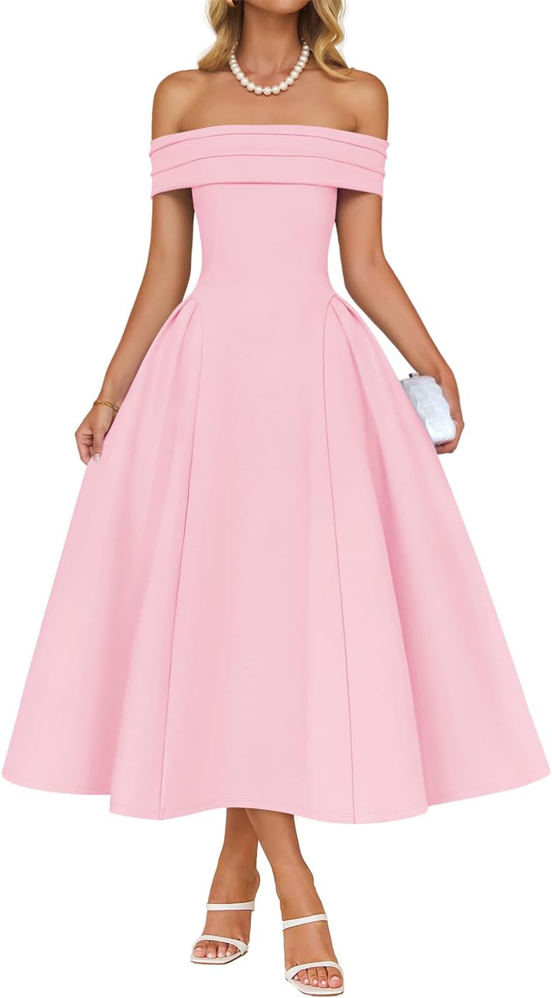 Off-shoulder cocktail dress with flowy A-line skirt and high waist