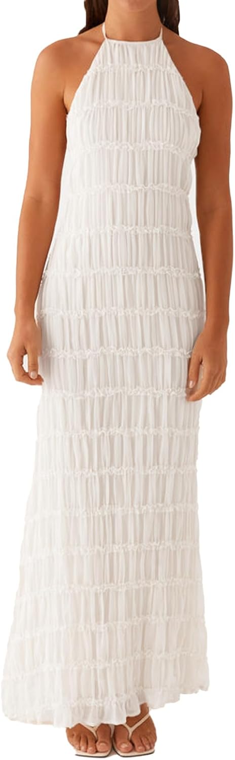 ABYOVRT Women Backless Dress Sleeveless Textured Halter Open Back Maxi Dresses Vacation Wedding Guest
