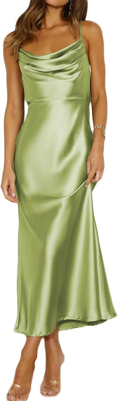 Satin cowl neck midi dress with spaghetti straps and open backless back