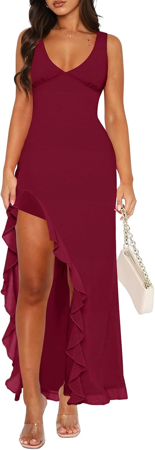 Model wearing mesh maxi dress