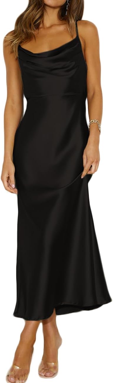 Satin cowl neck midi dress with spaghetti straps and open backless back