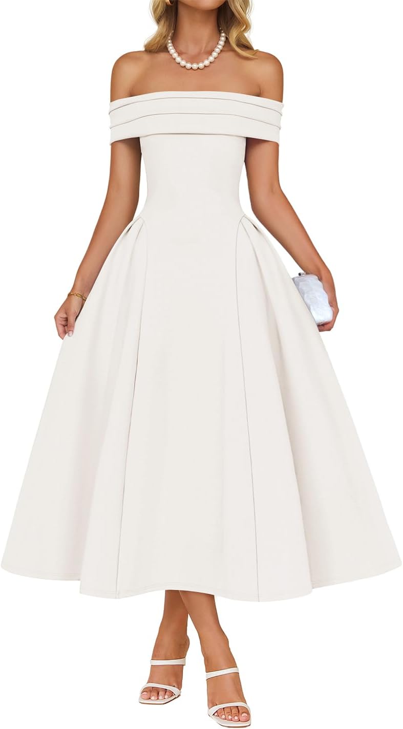 Off-shoulder cocktail dress with flowy A-line skirt and high waist