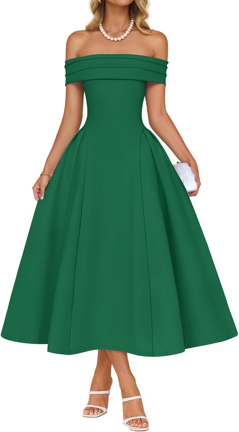 Off-shoulder cocktail dress with flowy A-line skirt and high waist