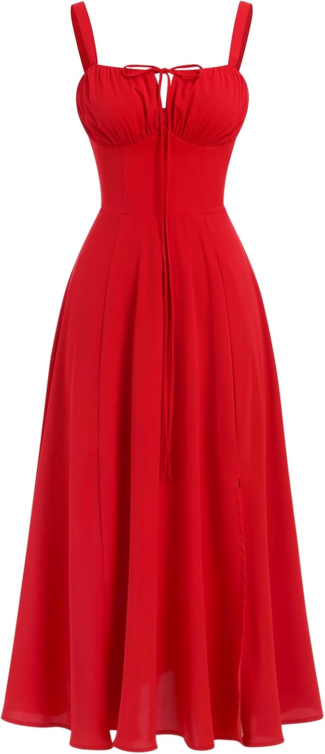 ABEHIK Women Floral Corset Dress Summer Dress 2026 Boho Flowy Slit Lace Up Midi Dresses Going Out A Line Casual Sundress