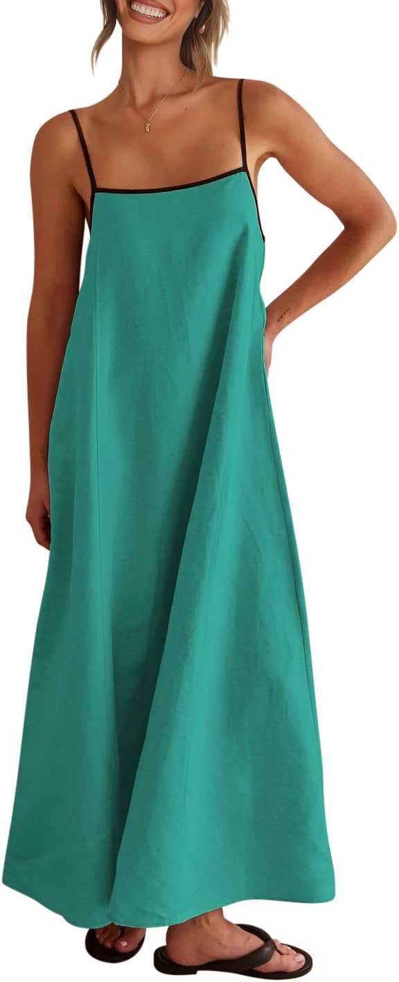Linen-look maxi dress with spaghetti straps, side pockets, and boho styling