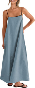 Linen-look maxi dress with spaghetti straps, side pockets, and boho styling
