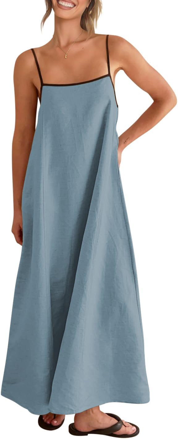 Linen-look maxi dress with spaghetti straps, side pockets, and boho styling