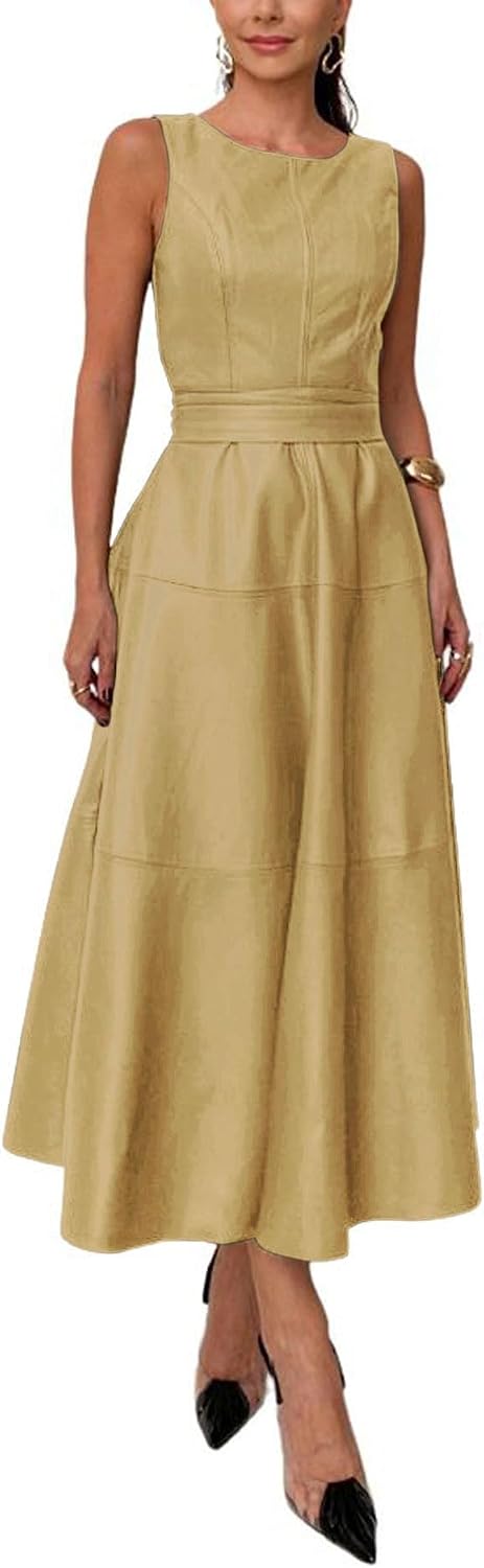 Faux leather sleeveless maxi dress with matching waist belt