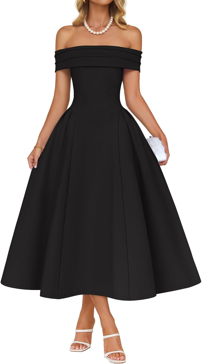 Off-shoulder cocktail dress with flowy A-line skirt and high waist