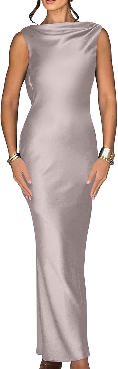 Elegant sleeveless maxi dress with tie high neckline