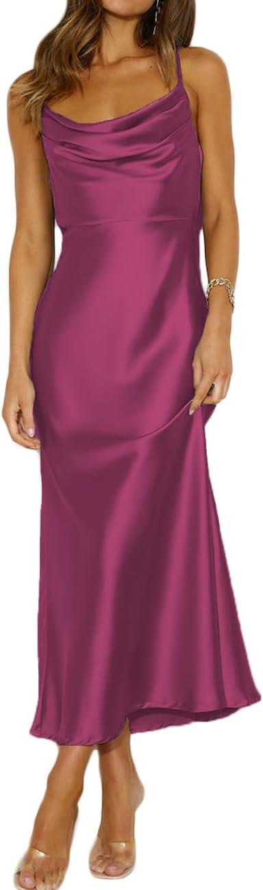 Satin cowl neck midi dress with spaghetti straps and open backless back