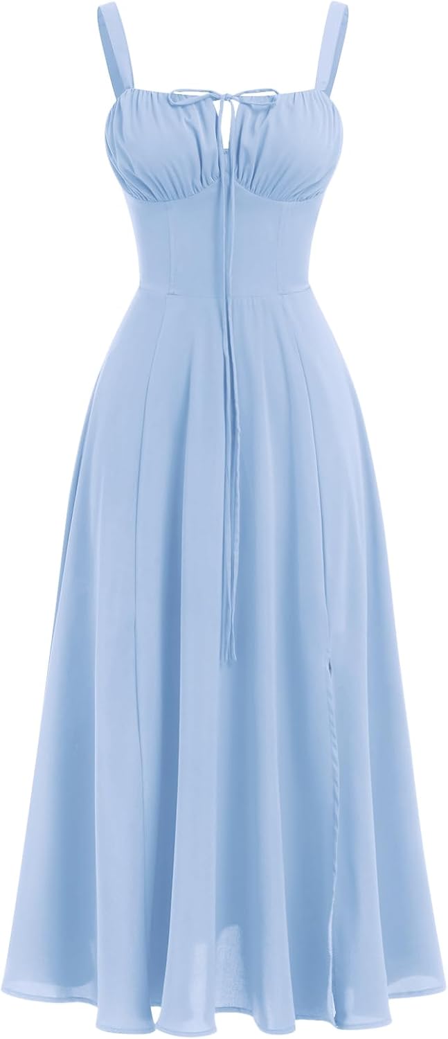 ABEHIK Women Floral Corset Dress Summer Dress 2026 Boho Flowy Slit Lace Up Midi Dresses Going Out A Line Casual Sundress