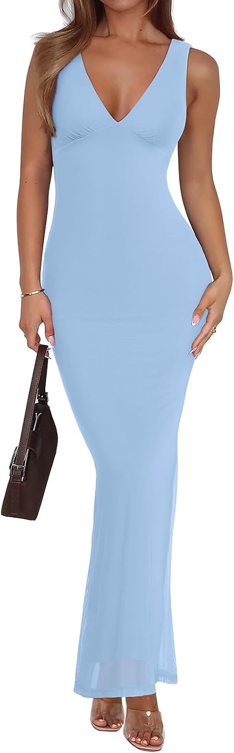 Sleeveless V-neck maxi dress with sheer mesh overlay and fitted silhouette