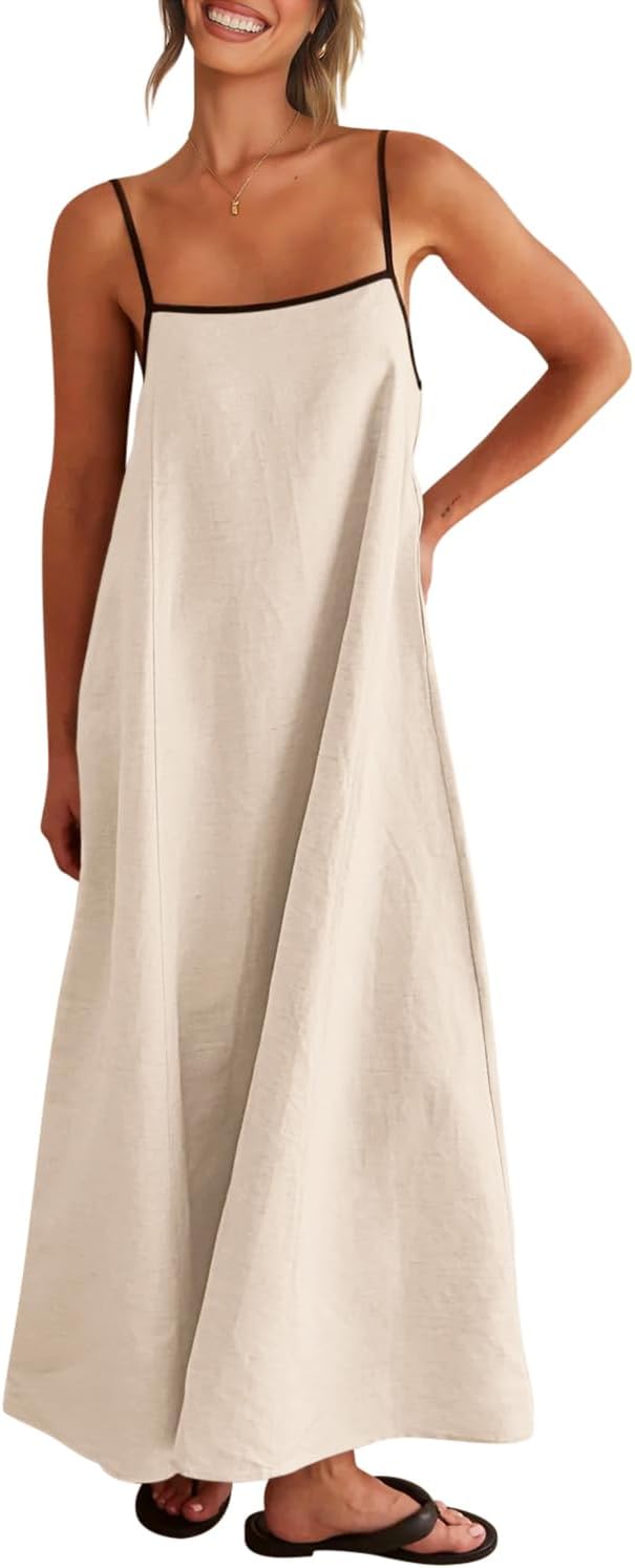 Linen-look maxi dress with spaghetti straps, side pockets, and boho styling