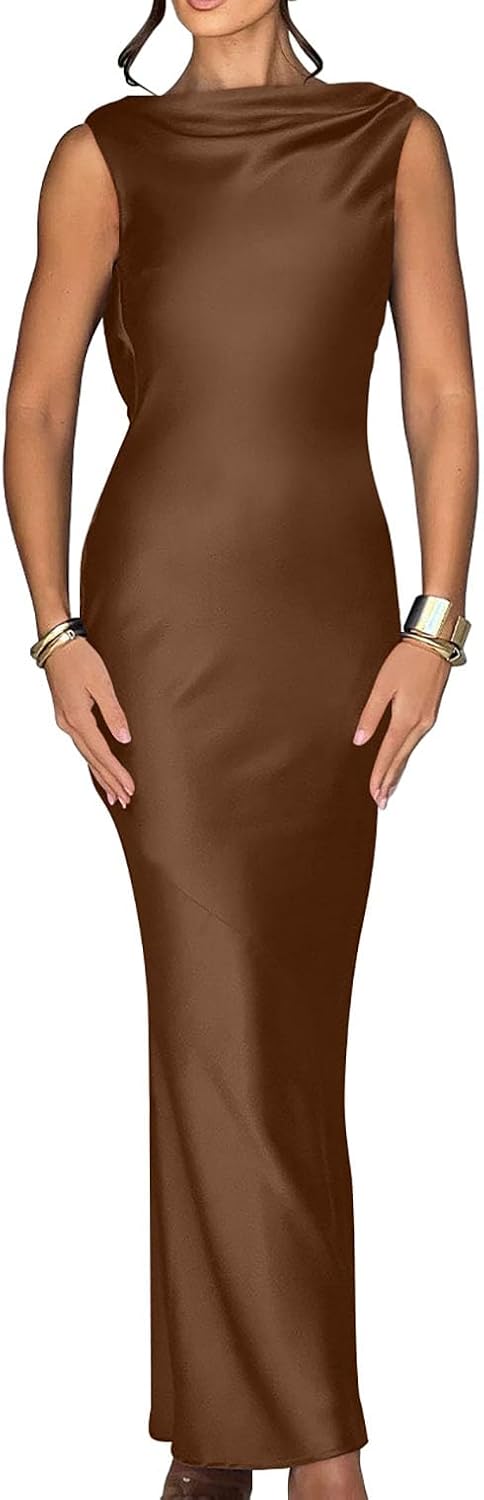 Elegant sleeveless maxi dress with tie high neckline