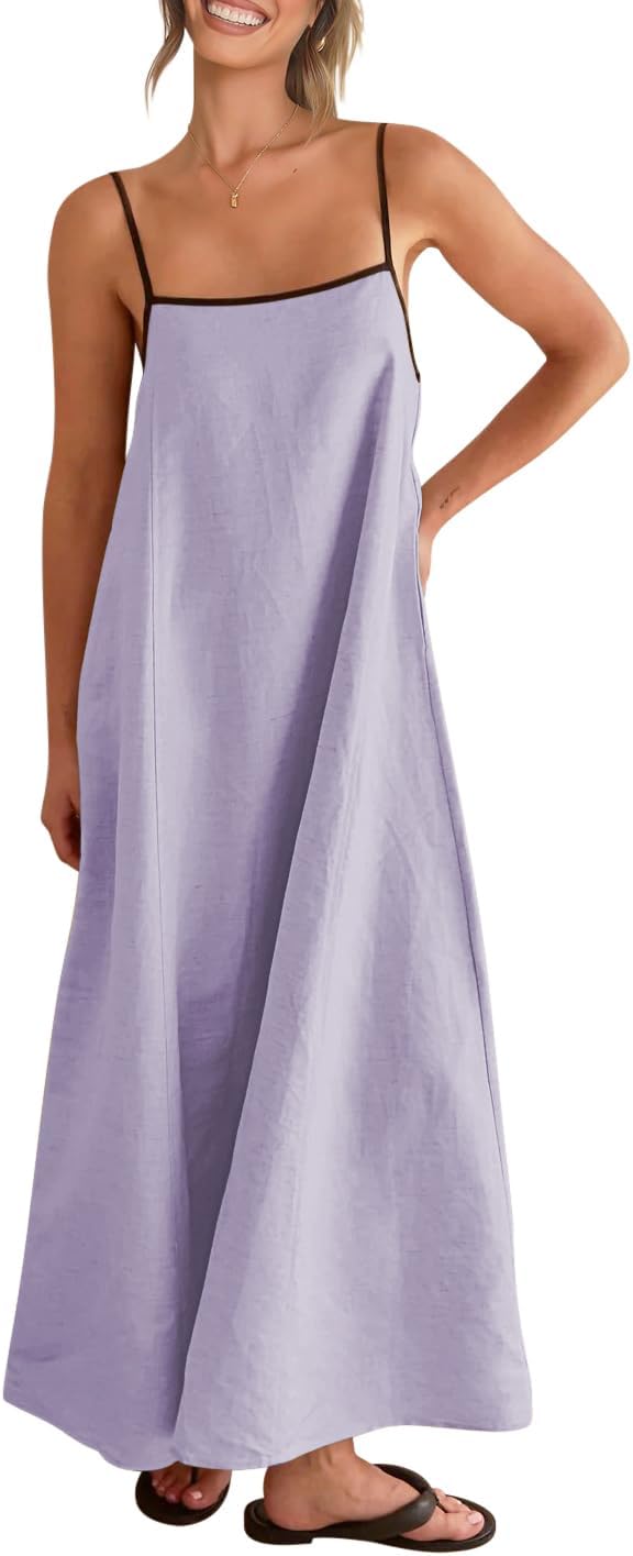 Linen-look maxi dress with spaghetti straps, side pockets, and boho styling