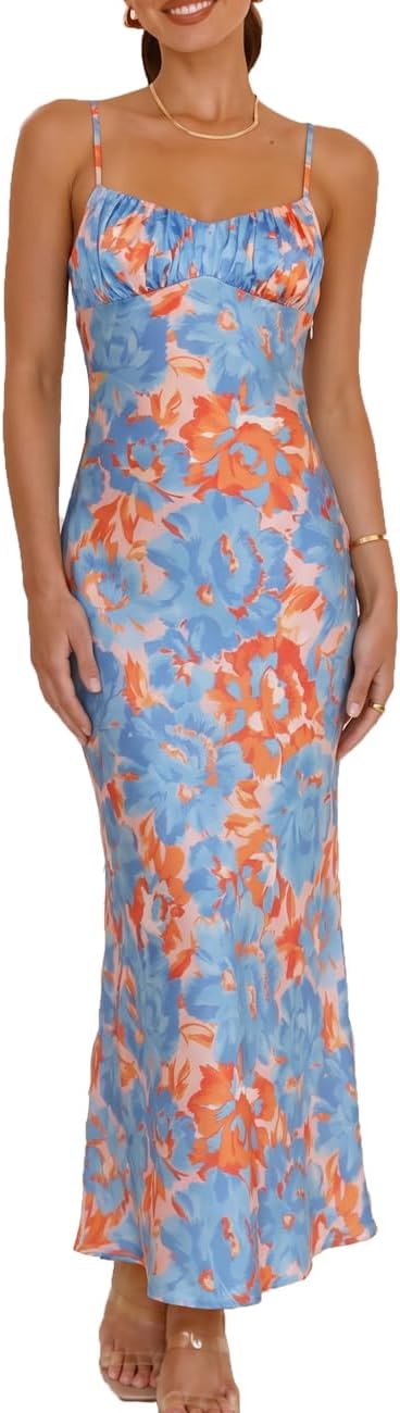 Front view of satin backless midi dress