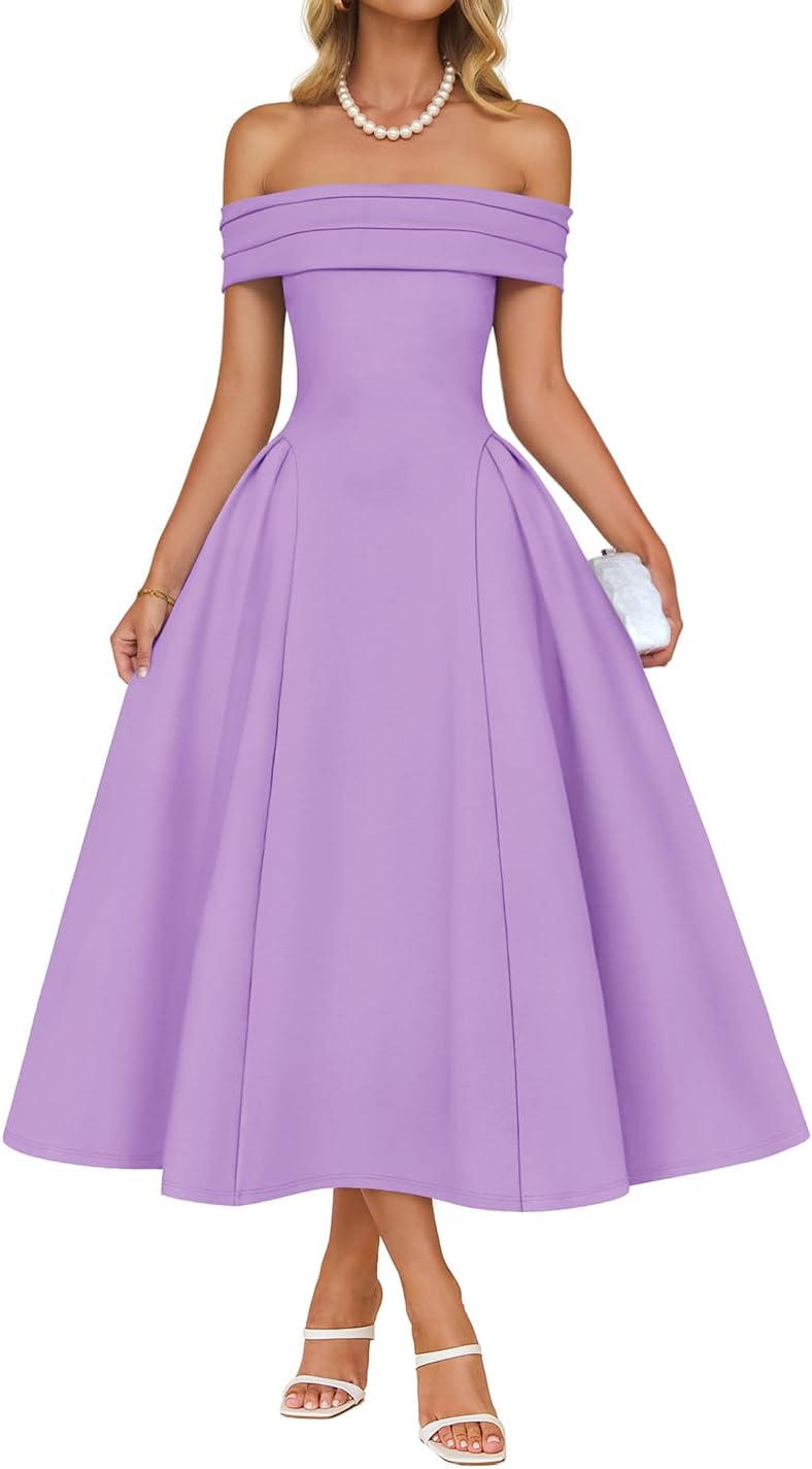 Off-shoulder cocktail dress with flowy A-line skirt and high waist