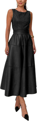 Faux leather sleeveless maxi dress with matching waist belt