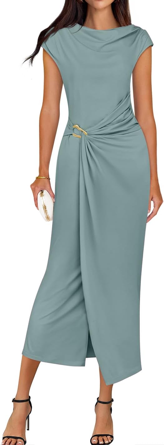 Three-quarter view of mock neck dress