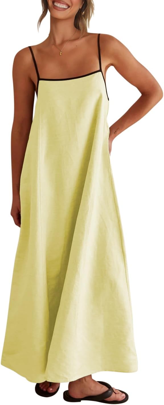 Linen-look maxi dress with spaghetti straps, side pockets, and boho styling