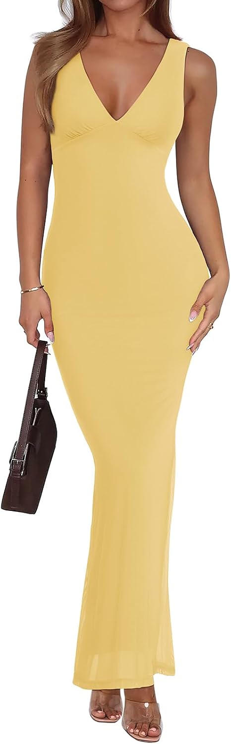 Sleeveless V-neck maxi dress with sheer mesh overlay and fitted silhouette