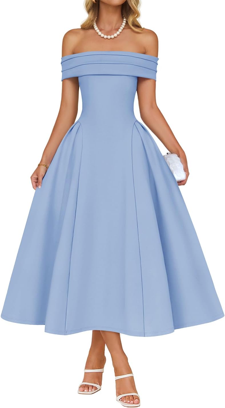 Off-shoulder cocktail dress with flowy A-line skirt and high waist