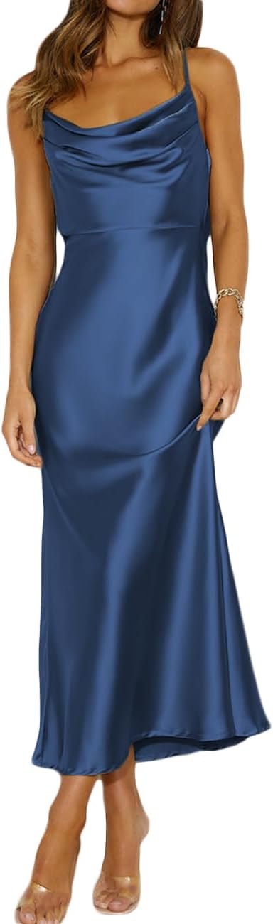 Satin cowl neck midi dress with spaghetti straps and open backless back