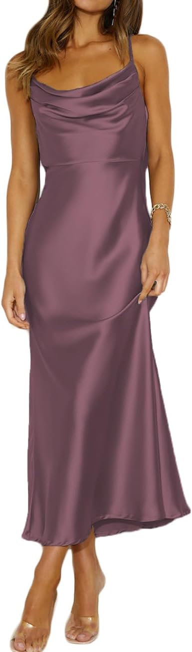 Satin cowl neck midi dress with spaghetti straps and open backless back