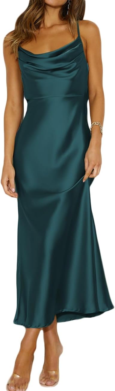 Satin cowl neck midi dress with spaghetti straps and open backless back