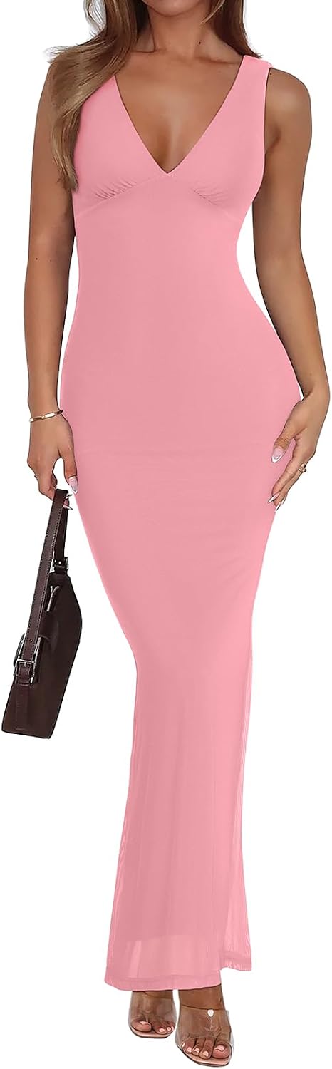 Sleeveless V-neck maxi dress with sheer mesh overlay and fitted silhouette